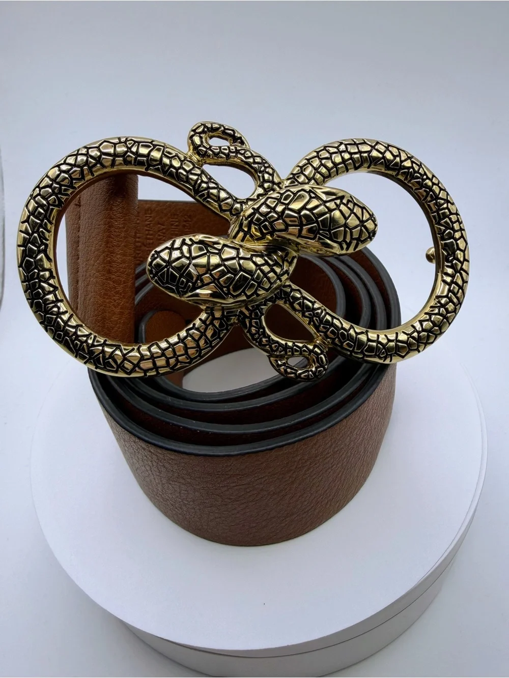 Express Brown Leather Belt with Gold Double-Snake Buckle